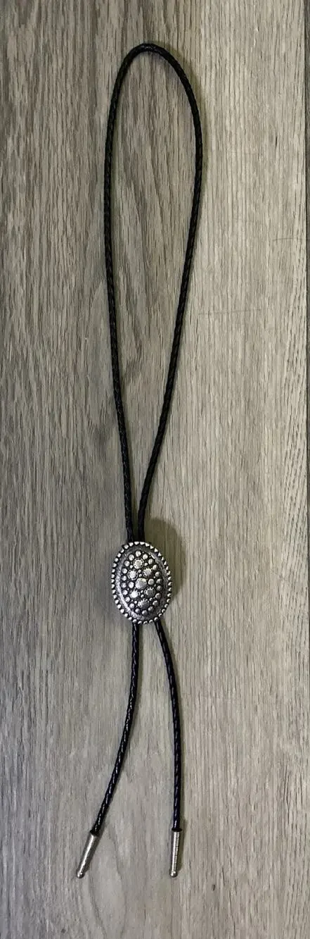 Vtg MCM Brutalist Silver Plate Bolo Tie Black Leather Western Modernist